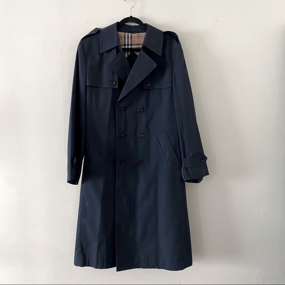 monty glen Other - Navy blue doublebreasted trench coat check pattern lining EUC